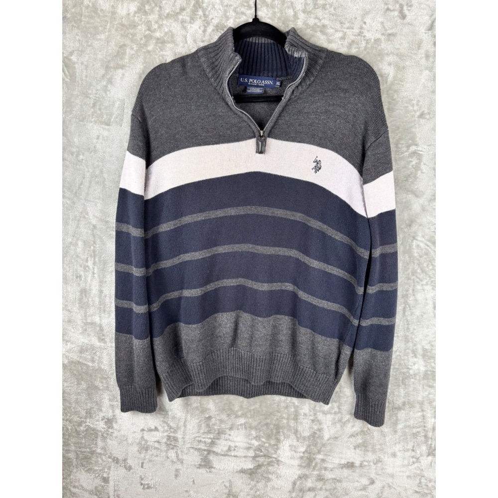 U.S. Polo Assn Men's XL Gray Blue Stripe Quarter Zip Sweater Classic Casual Knit